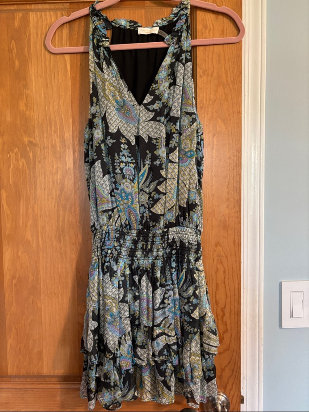 Ramy Brook Black Paisley V-Neck Tiered Mini Dress